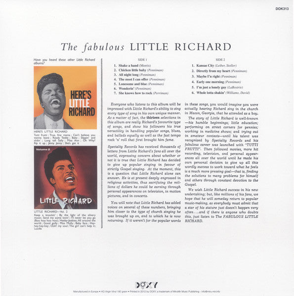 Little Richard : The Fabulous Little Richard (LP, Album, Mono, RE + CD, Album, Mono, RE)